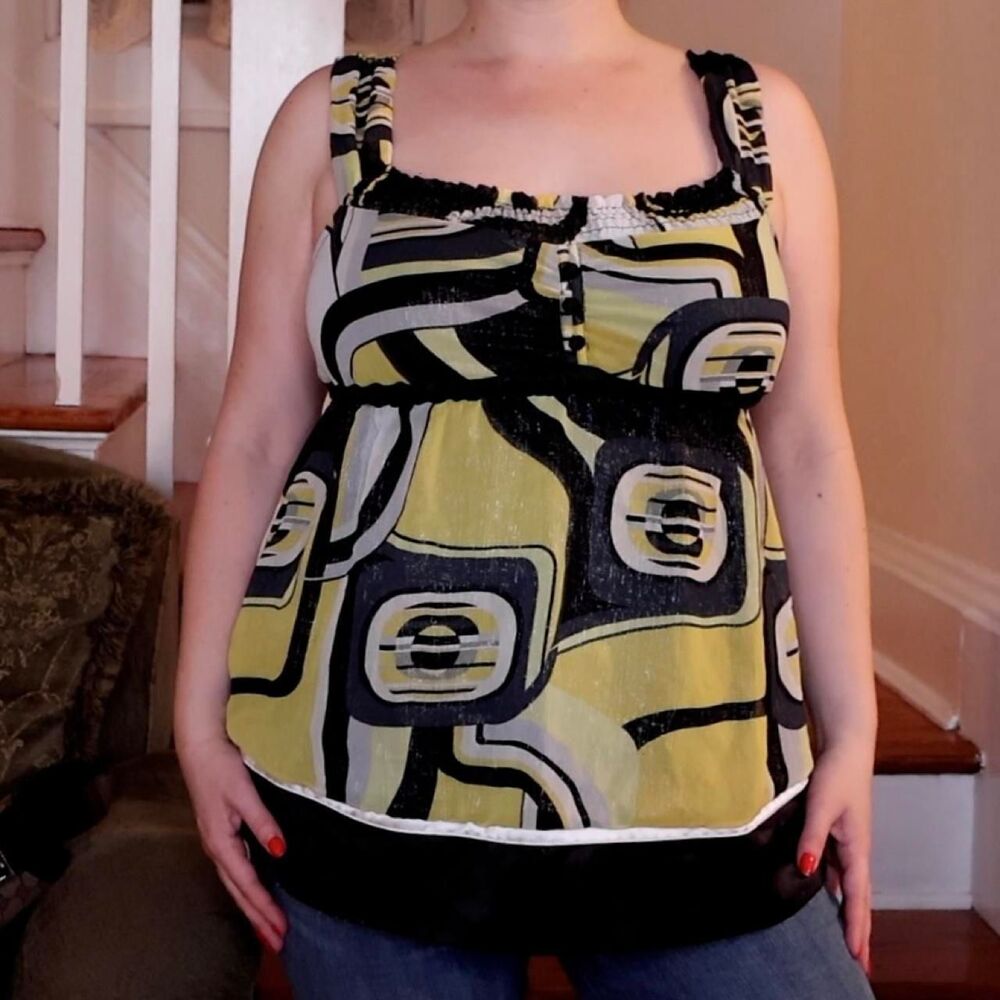 XOXO Y2K Babydoll Tank Top Sz Large Geometric Abstract Yellow Black Glittery
